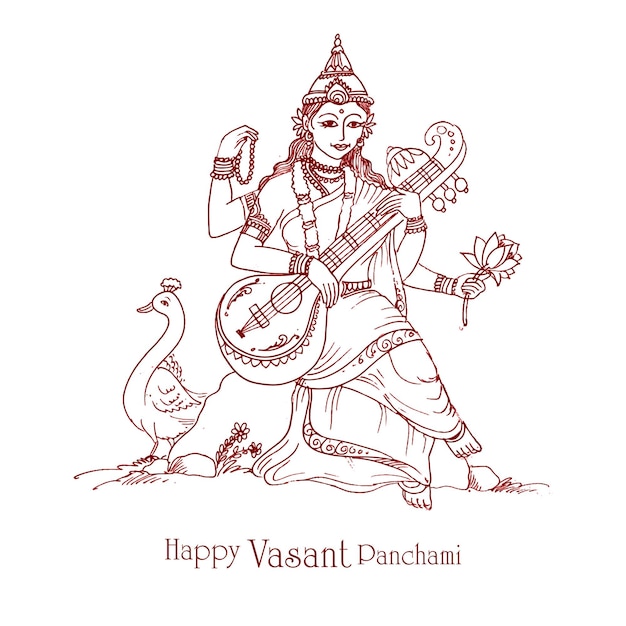 Free vector hand draw indian god saraswati maa on vasant panchami card design