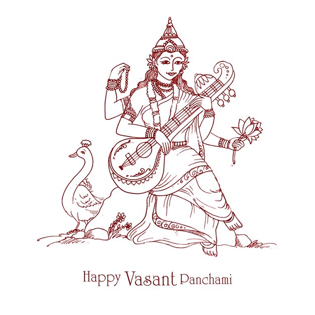 Hand draw indian god saraswati maa on vasant panchami card design