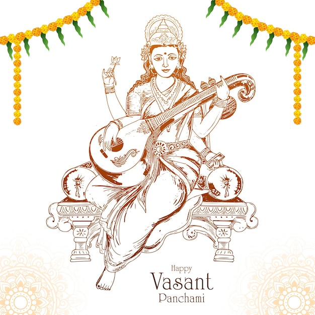 Vettore gratuito disegno a mano del dio indiano saraswati maa su vasant panchami