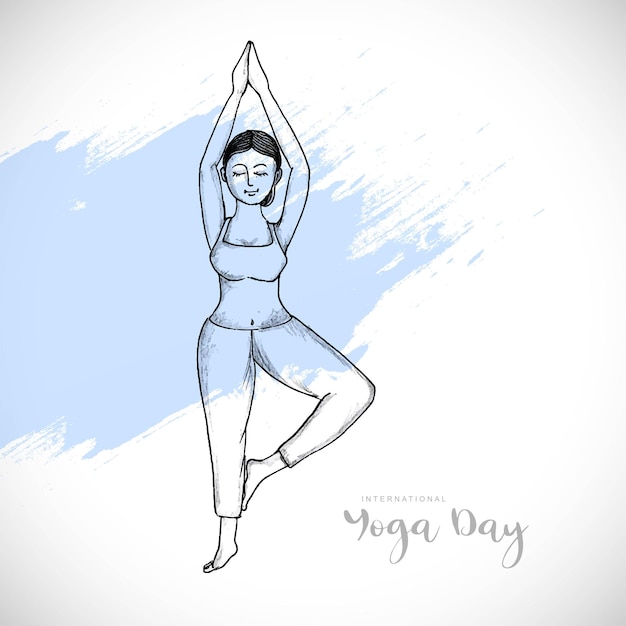 Hand draw international yoga day women sketch card design
