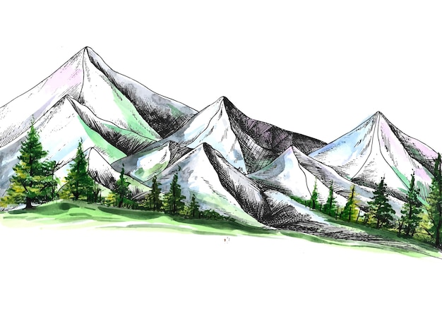 Hand draw landscape colorful sketch mountain watercolor background