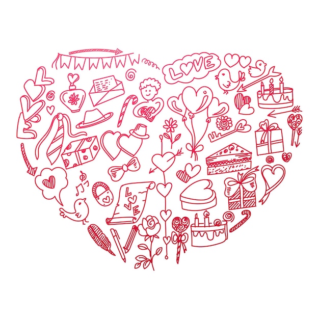 Hand draw love symbols valentine's day sketch design Free Vector