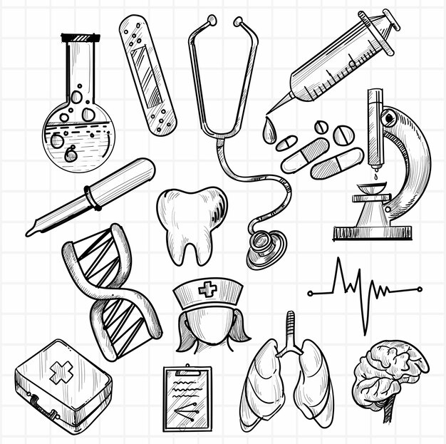 Рука рисовать медицинский значок эскиз набор дизайн