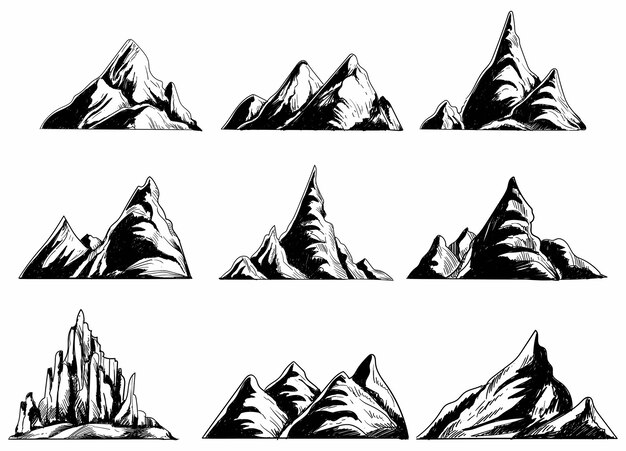 손으로 그리는 흑백 산 스케치 디자인 설정