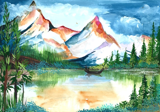 手描きの山の風景のシーンの水彩画の背景
