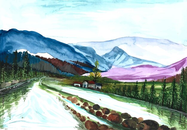 Hand draw mountain landscape scene watercolor background