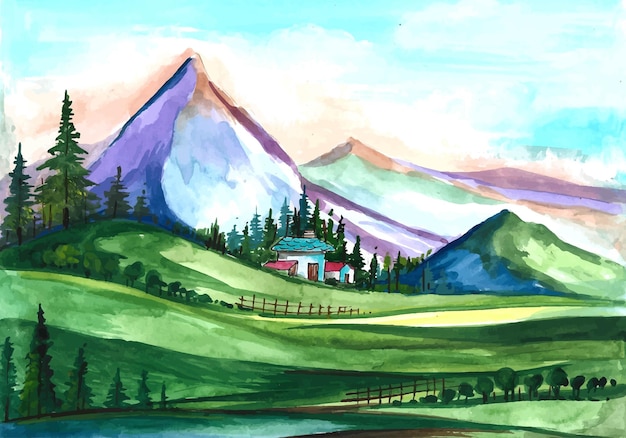 Hand draw mountain landscape scene watercolor background