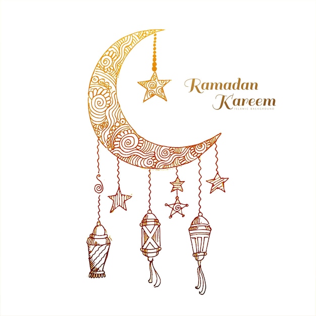手描きのラマダンカリームイスラムランプと月のスケッチカードのデザイン