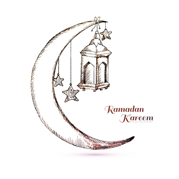 Hand draw ramadan kareem islamic lamp and moon sketch card design