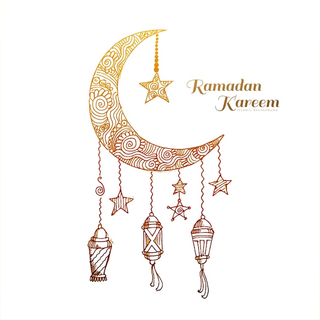 Hand draw ramadan kareem islamic lamp and moon sketch card design