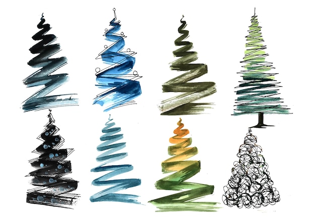 Рука рисовать эскиз рождественская линия дерево акварель набор дизайн