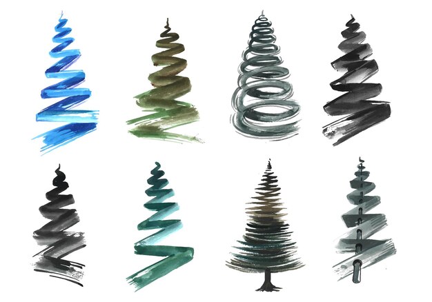 Hand draw sketch christmas line tree watercolor set design