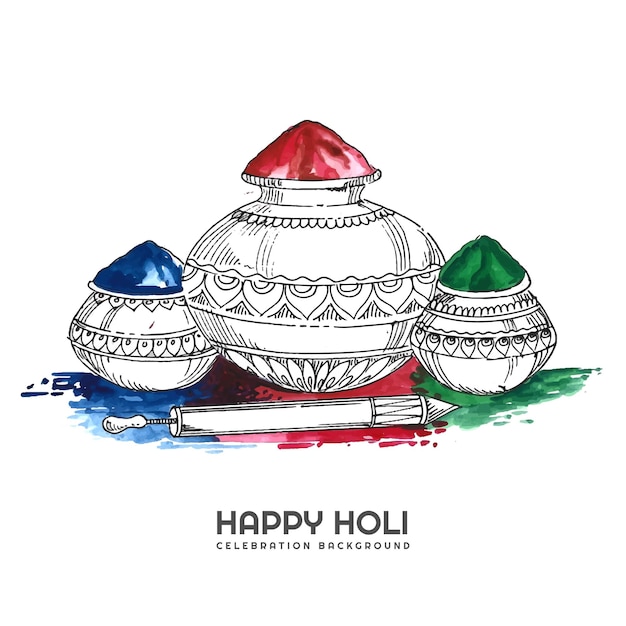 Hand draw sketch gulal bowl for happy holi festival background