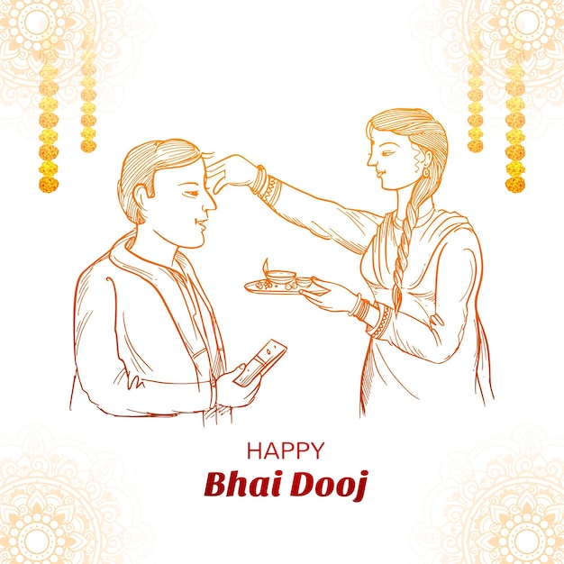Vettore gratuito disegnare a mano schizzo felice bhai dooj festival indiano fratello e sorella card design