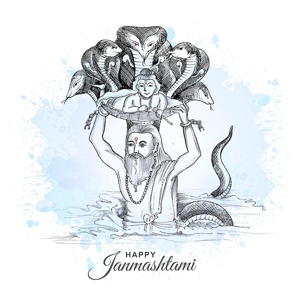 Hand draw sketch lord krishna in happy janmashtami card background