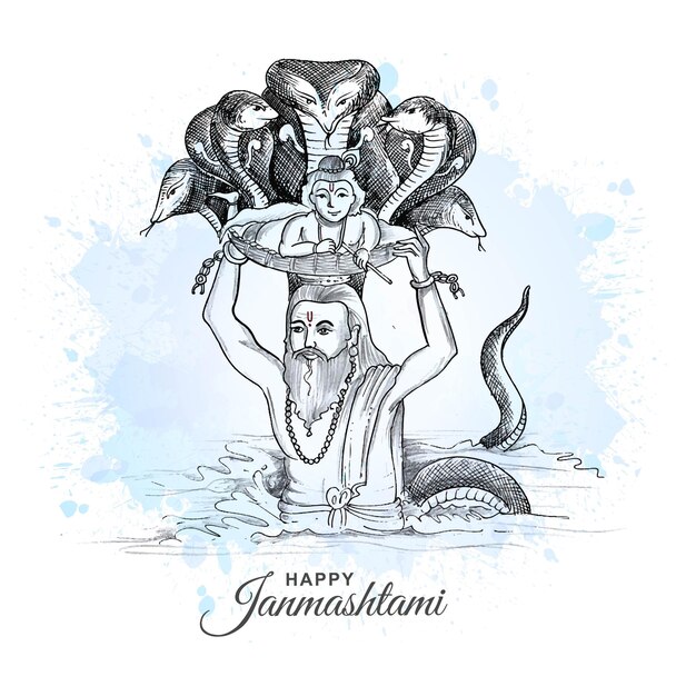 Hand draw sketch lord krishna in happy janmashtami card background