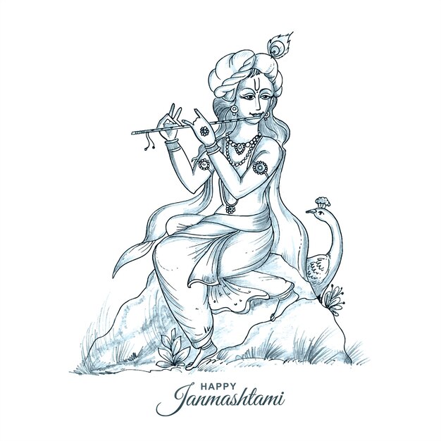 幸せなjanmashtamiフェスティバルカードの背景に手描きスケッチ主クリシュナ