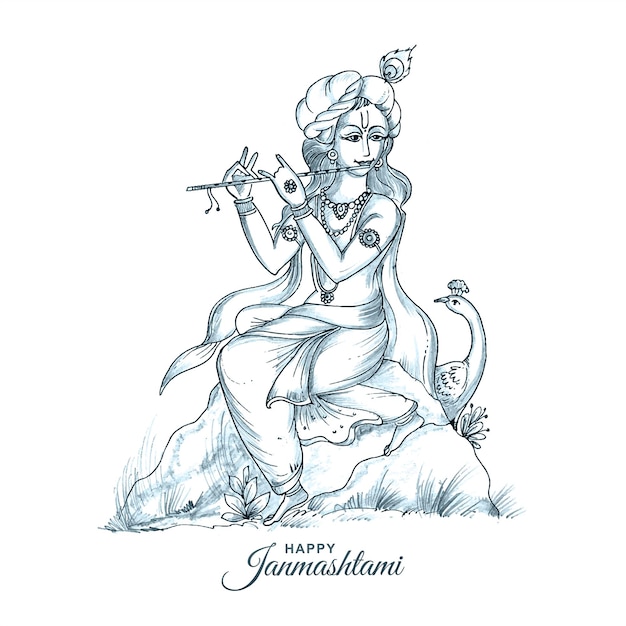 Hand draw sketch lord krishna in happy janmashtami festival card background