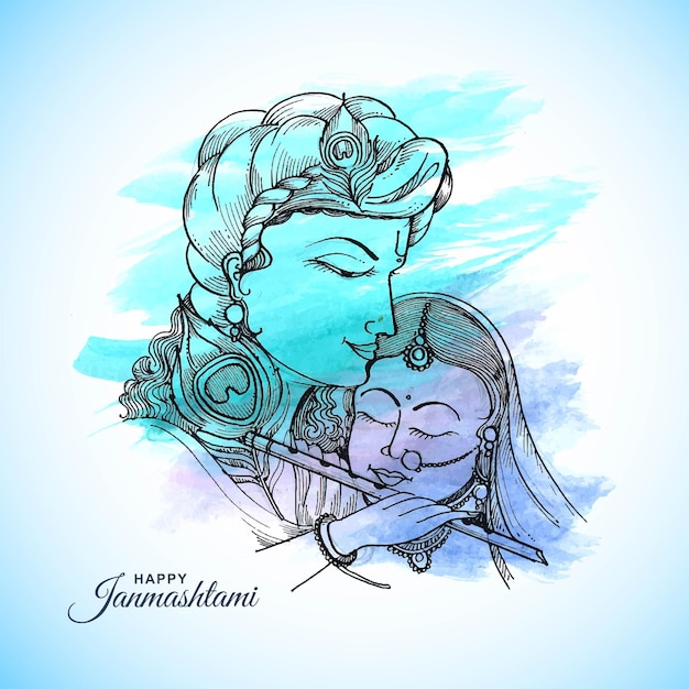 행복 janmashtami 축제 카드 배경에서 손으로 그리는 스케치 주 님 크리슈나