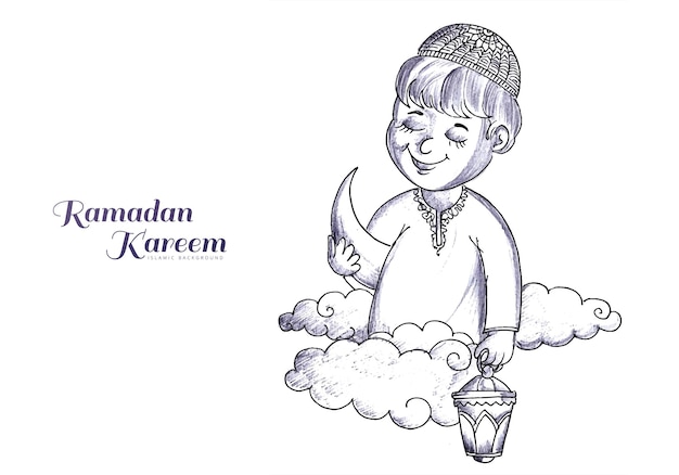 ランタンラマダンカリームカードデザインを保持している手描きスケッチイスラム教徒の少年