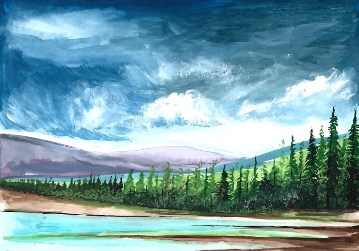 Free Vector hand draw spring landscape scene watercolor background