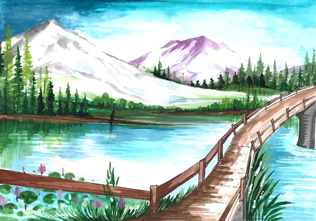Hand draw spring landscape scene watercolor background