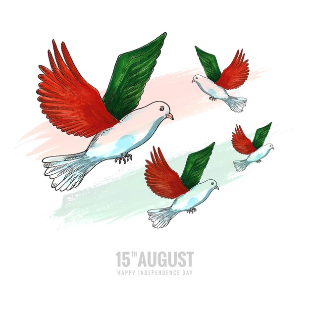 Hand draw tricolor doves happy independence day card background