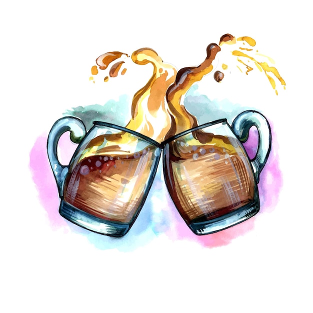 Hand draw watercolor two mugs of beer drink at a toast with a splash of beer foam design