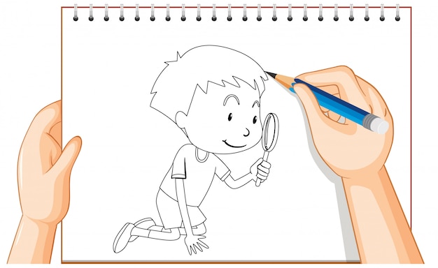 Hand drawing of boy look through magnifying glass outline