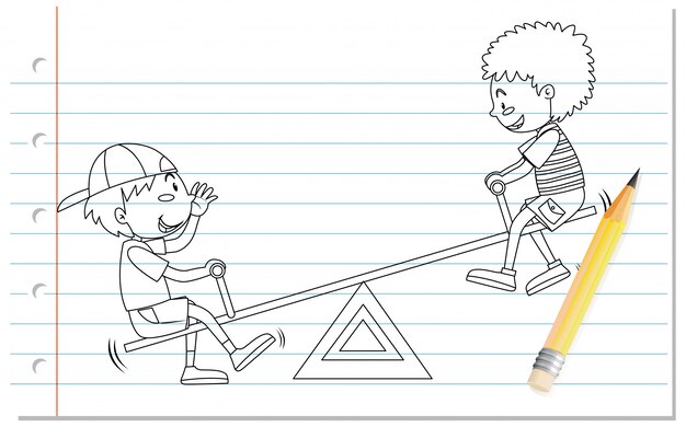 Hand drawing of boy playing seesaw outline