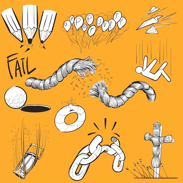 Hand drawing illustration set of fail mission