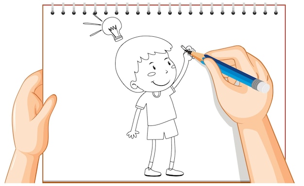 Free vector hand drawing of kid with idea lamp outline