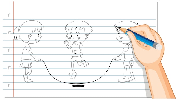 Hand drawing of kids jumping rope outline