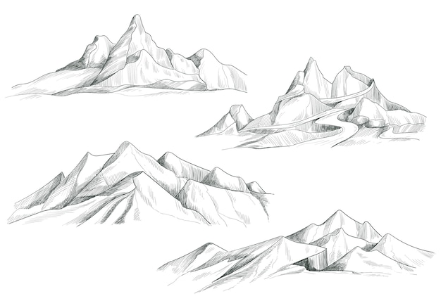 手描きの山の風景セットスケッチデザイン
