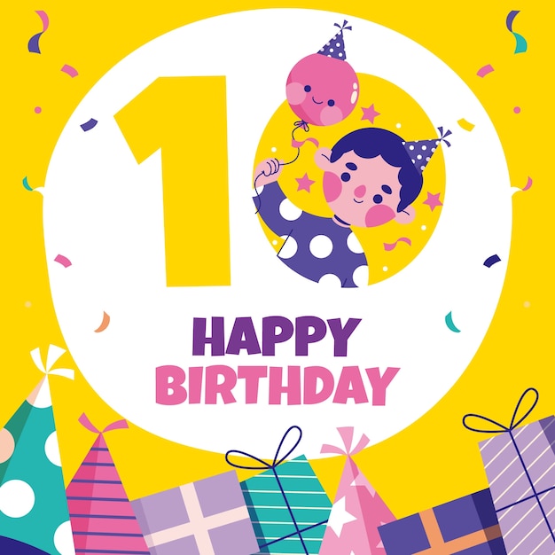 Vettore gratuito biglietto di auguri per 10 anni o compleanno disegnato a mano