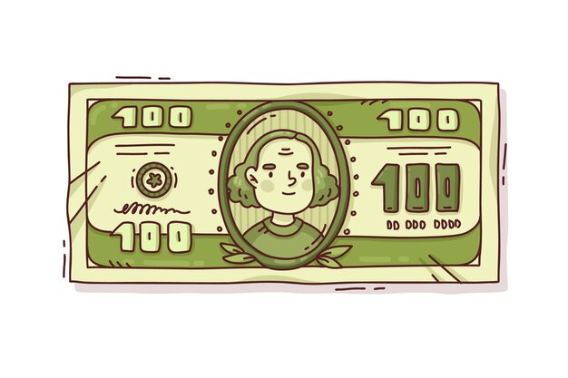 hand drawn 100 dollar bill cartoon illustration