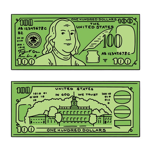 Hand drawn 100 dollar bill cartoon illustration