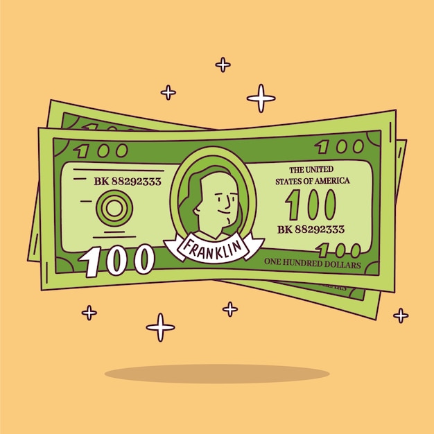 Hand drawn 100 dollar bill cartoon illustration