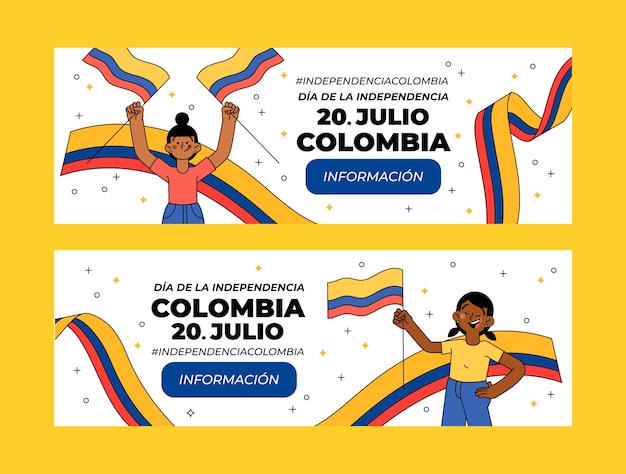コロンビアの旗を持っている人々が設定された手描きの20dejulio水平バナー