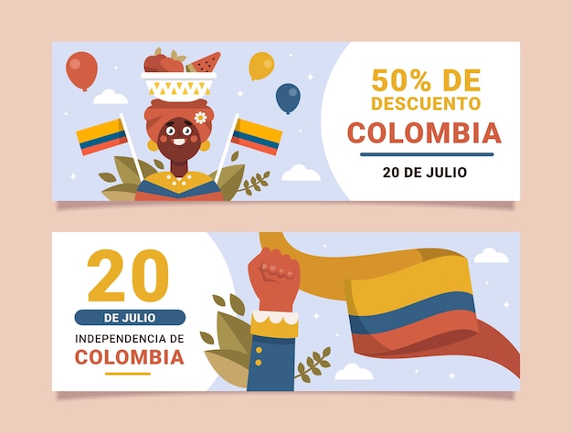 Hand drawn 20 de julio horizontal banners