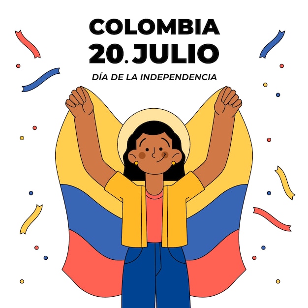 Vettore gratuito illustrazione del 20 de julio disegnata a mano con bandiera colombiana in mano