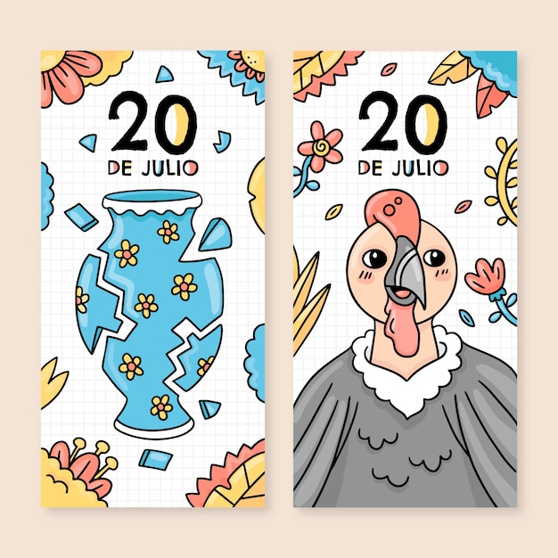 Hand drawn 20 de julio vertical banners