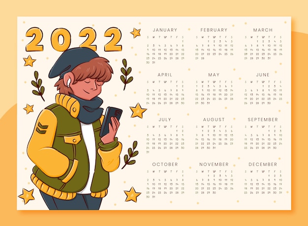 Modello di calendario 2022 disegnato a mano