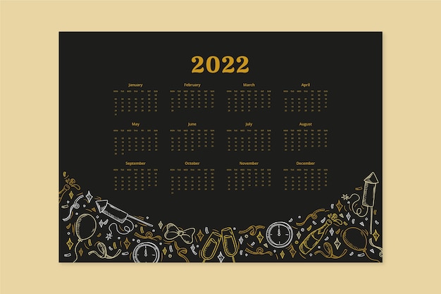 Modello di calendario 2022 disegnato a mano