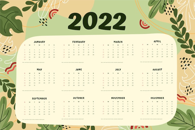 無料ベクター 手描きの2022年カレンダーテンプレート
