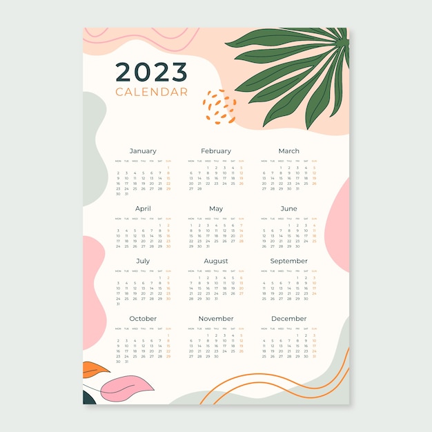 Modello di calendario annuale 2023 disegnato a mano