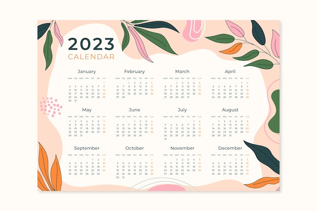 Modello di calendario annuale 2023 disegnato a mano