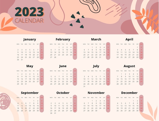 Hand drawn 2023 annual calendar template