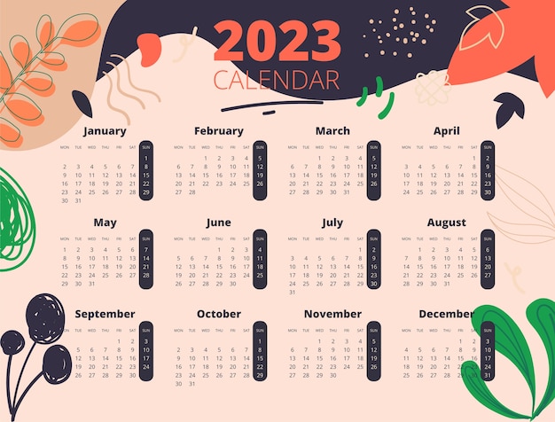 Бесплатное векторное изображение Ручной обращается шаблон годового календаря 2023 года