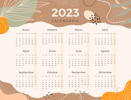 Modello di calendario 2023 disegnato a mano in spagnolo